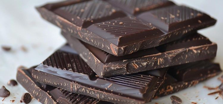 A rusztikus étcsokoládé táblák közelről mutatják, miért kötik sokan a fekete csoki jótékony hatásai élményét a minőségi kakaóhoz. Egymásra halmozott étcsokoládé táblák látszanak, amelyek jól érzékeltetik a fekete csoki jótékony hatásai mögött álló magas kakaótartalmat.